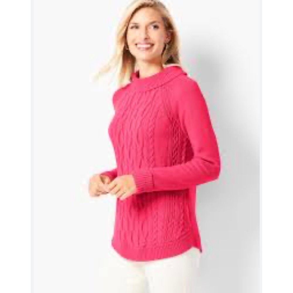 Talbots Womens Bright Pink Cable Knit‎ Mock Neck 100% Cotton Sweater XL